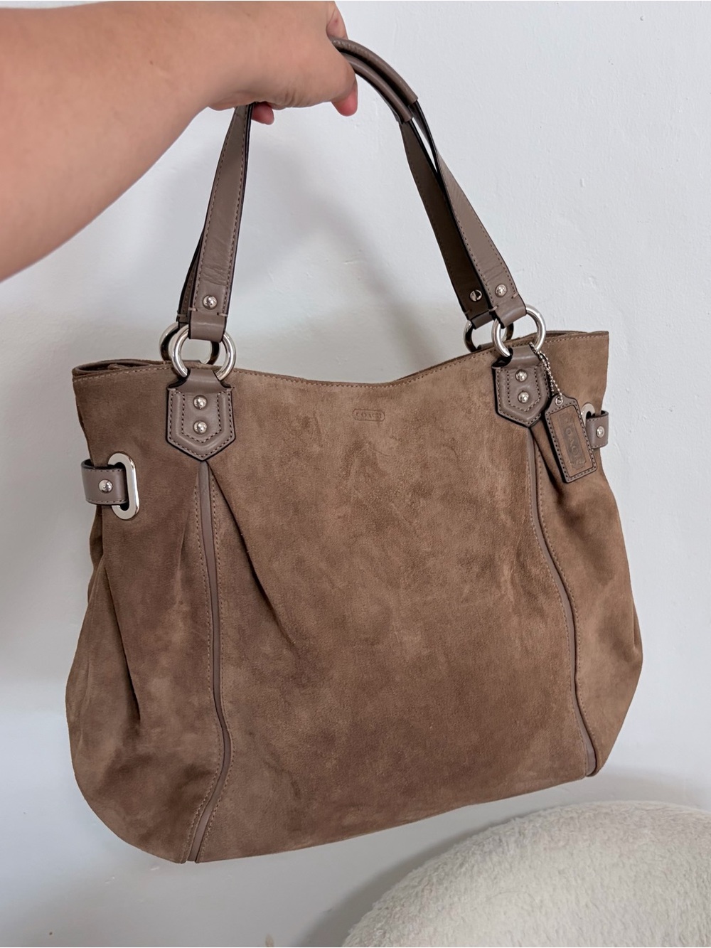 VTG Coach Grey Suede Leather Large Shoulder Bag Tote Silver Buckles F12835